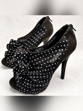 Pinup Rockabilly Polka Dot Ruffle Peep Toe Platform Stiletto Heels Womens Sz 7.5